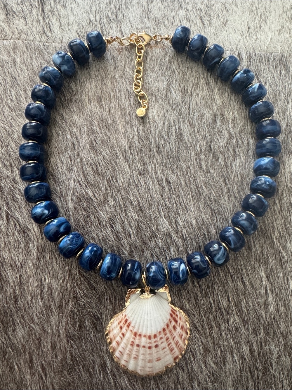 Handcrafted Navy Beaded Necklace with Natural Shell Pendant